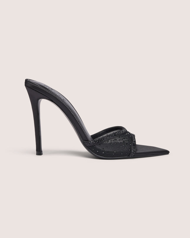 Black Embellished Satin Heeled Mule