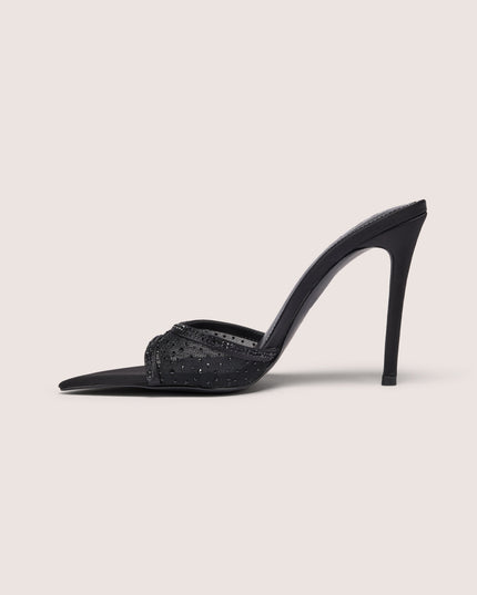 Black Embellished Satin Heeled Mule