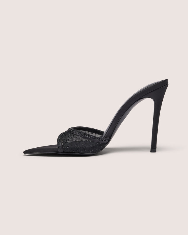 Black Embellished Satin Heeled Mule