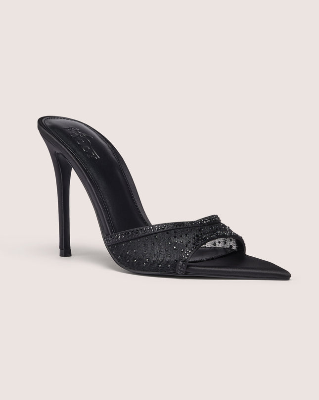 Black Embellished Satin Heeled Mule