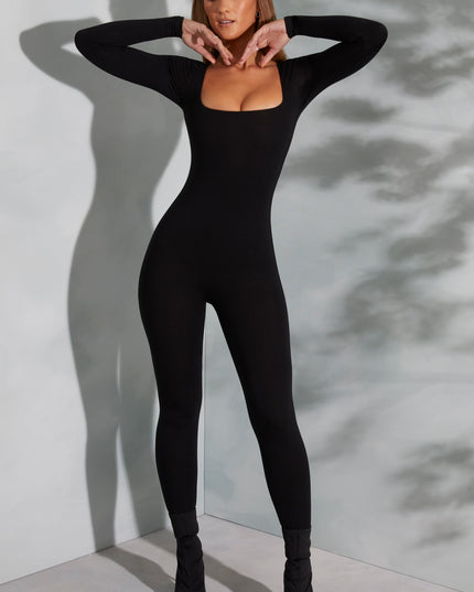 Black Square Neck Long Sleeve Jumpsuit