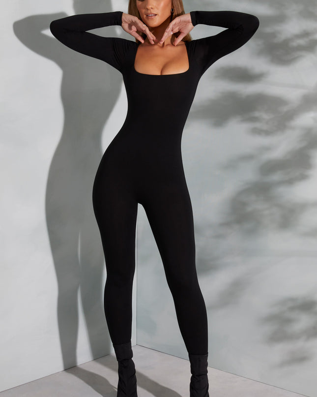 Black Square Neck Long Sleeve Jumpsuit
