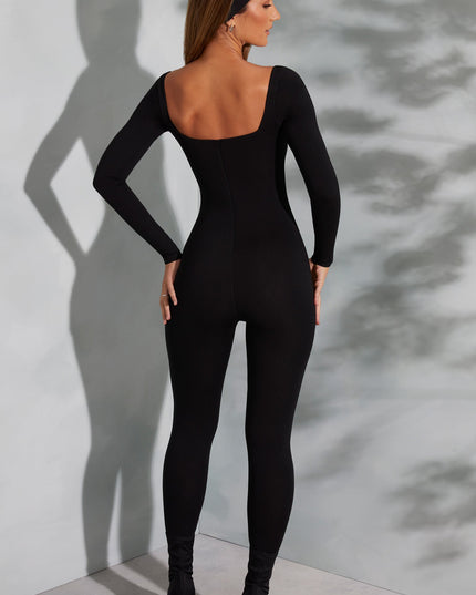 Black Square Neck Long Sleeve Jumpsuit
