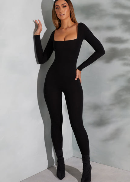 Black Square Neck Long Sleeve Jumpsuit