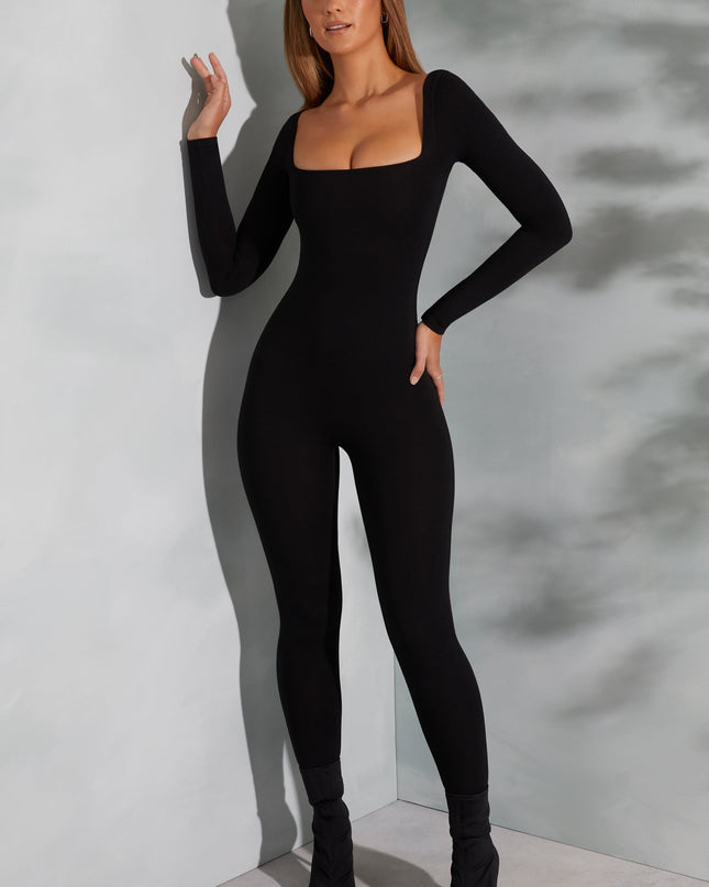 Black Square Neck Long Sleeve Jumpsuit