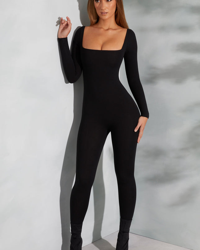 Black Square Neck Long Sleeve Jumpsuit