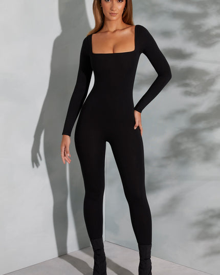 Black Square Neck Long Sleeve Jumpsuit