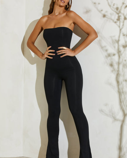 Black Strapless Flared Hem Jumpsuit