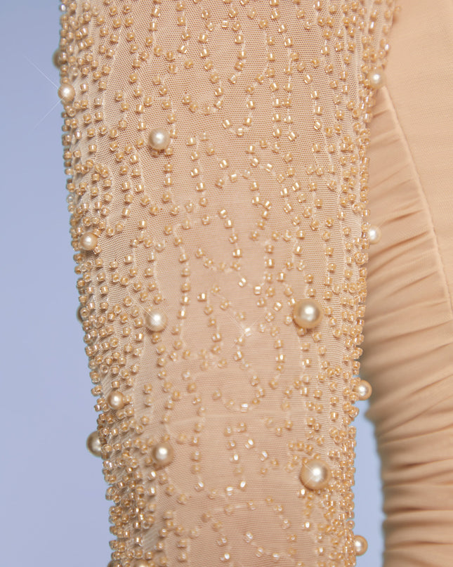 Sand Embellished Long Sleeve Mini Dress