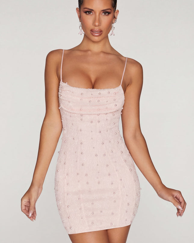 Blush Embellished Cowl Neck Mini Dress