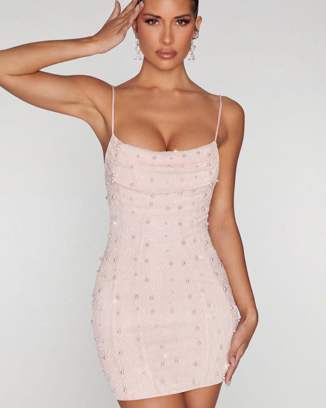Blush Embellished Cowl Neck Mini Dress
