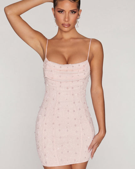 Blush Embellished Cowl Neck Mini Dress