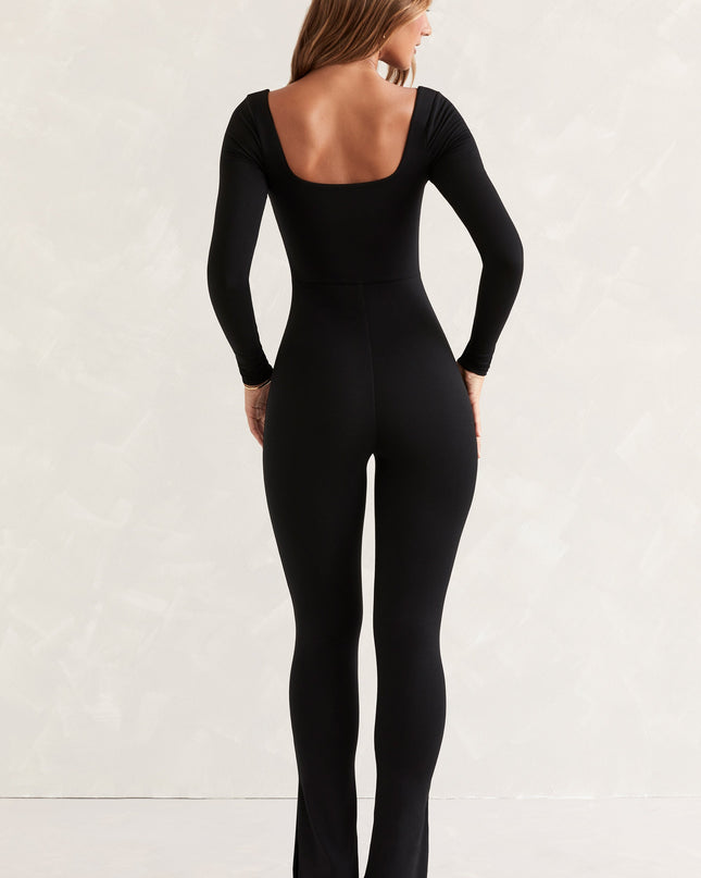 Black Long Sleeve Square Neck Jumpsuit