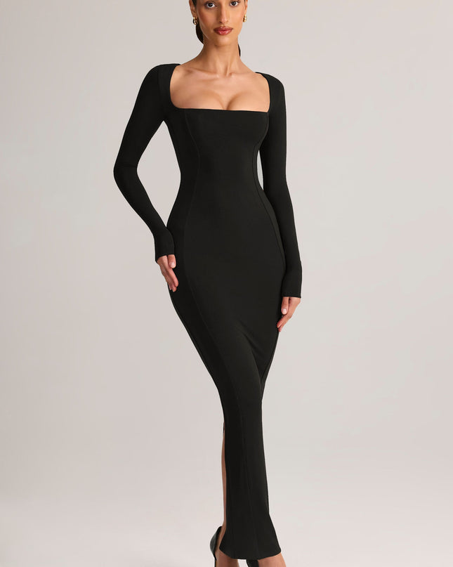 Black Modal Square-Neck Bodycon Maxi Dress