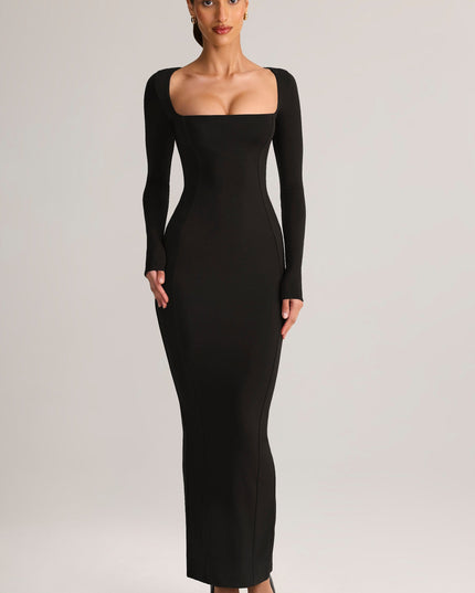 Black Modal Square-Neck Bodycon Maxi Dress