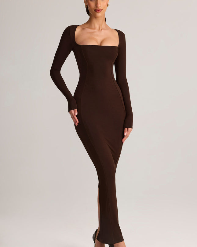 Chocolate Brown Modal Square-Neck Bodycon Maxi Dress