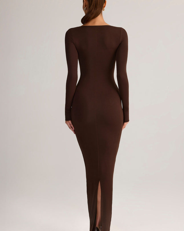 Chocolate Brown Modal Square-Neck Bodycon Maxi Dress