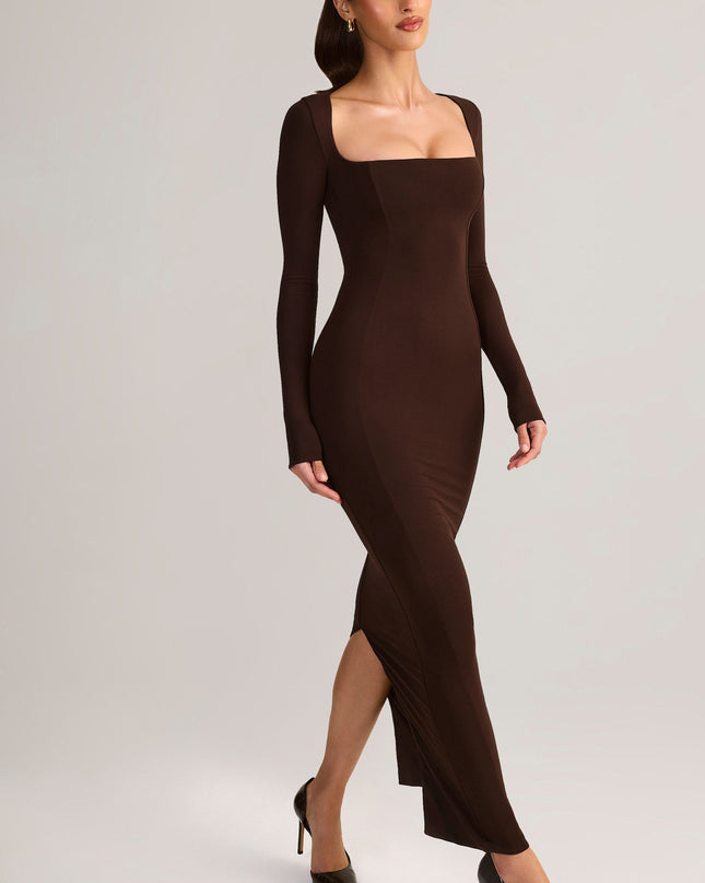 Chocolate Brown Modal Square-Neck Bodycon Maxi Dress