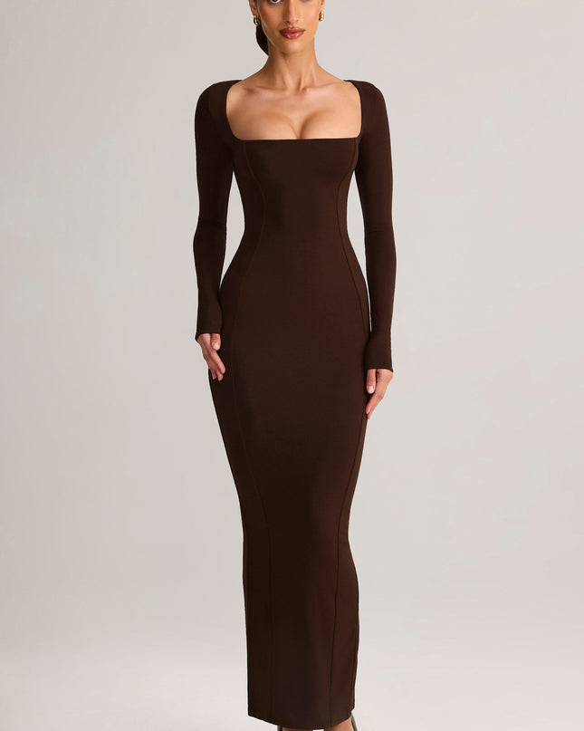 Chocolate Brown Modal Square-Neck Bodycon Maxi Dress