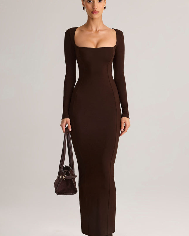 Chocolate Brown Modal Square-Neck Bodycon Maxi Dress