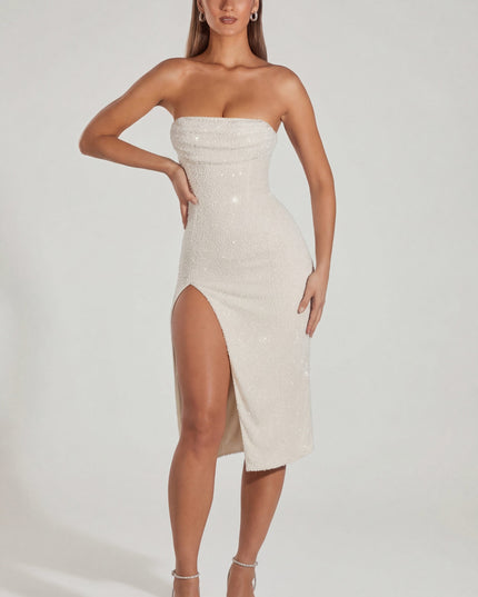 Ivory Embellished Bandeau Cowl Neck Midi Dress