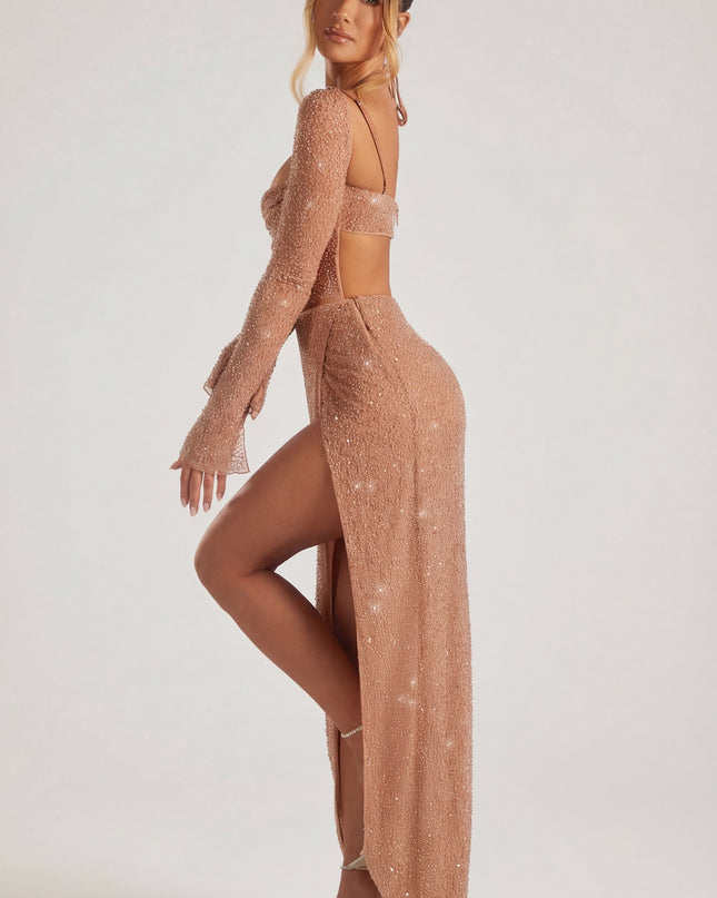 Latte Embellished Cowl Neck Maxi Dress