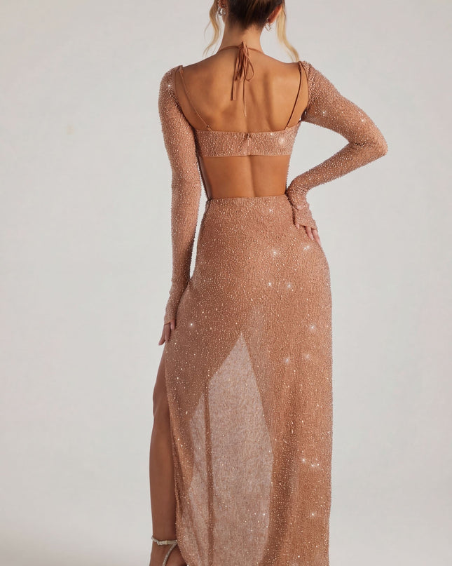 Latte Embellished Cowl Neck Maxi Dress