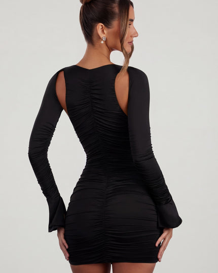 Black Low Plunge Ruched Mini Dress