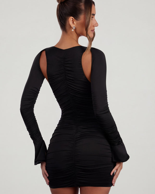 Black Low Plunge Ruched Mini Dress