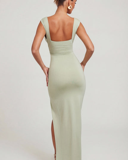 Sage High Split Plunge Neck Maxi Dress