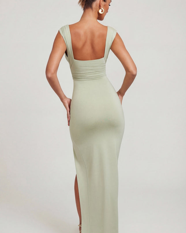Sage High Split Plunge Neck Maxi Dress