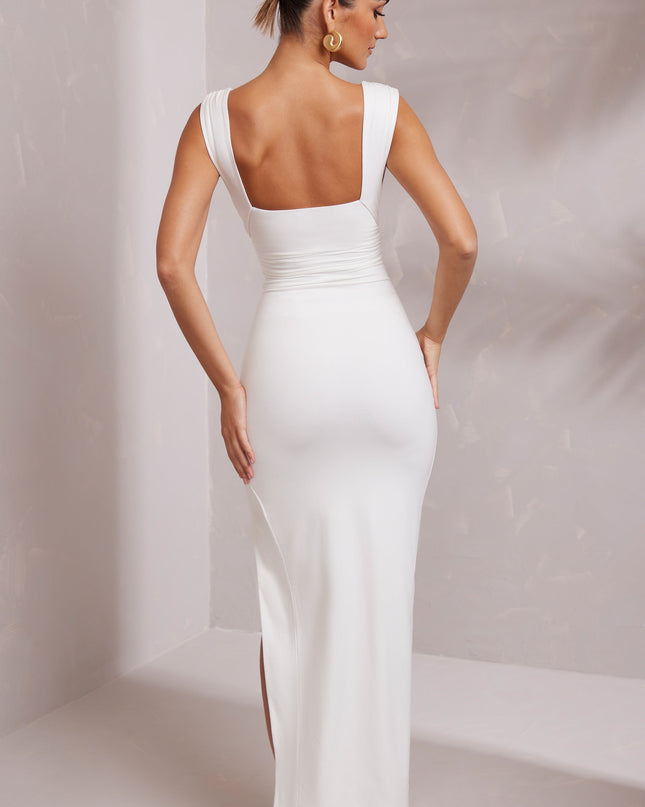 White High Split Plunge Neck Maxi Dress