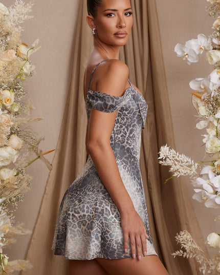 Grey Print Draped Neck A-Line Mini Dress