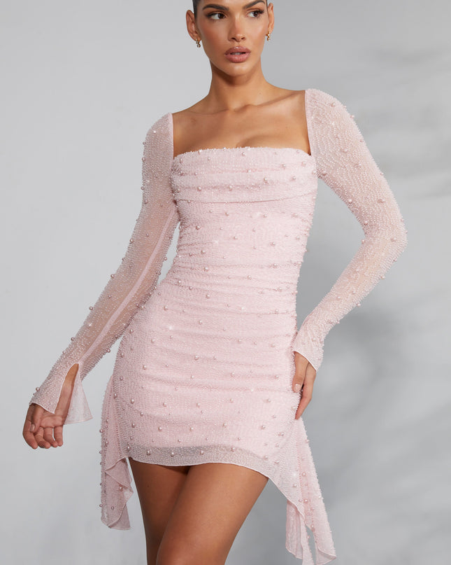 Blush Long Sleeve Embellished Cowl Neck Mini Dress