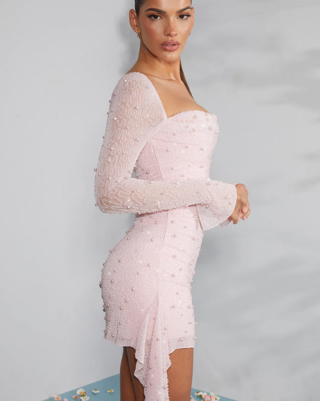 Blush Long Sleeve Embellished Cowl Neck Mini Dress