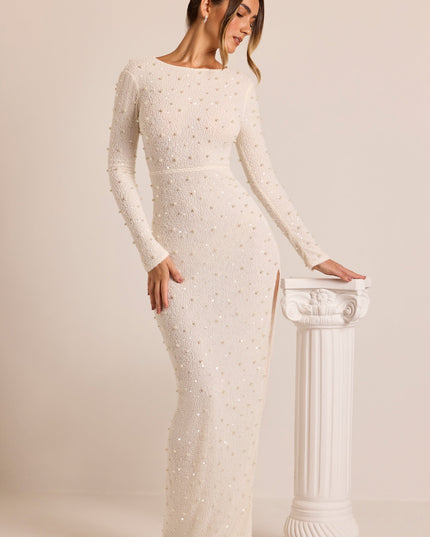 White Embellished Long Sleeve Backless Maxi Dress