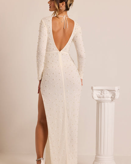 White Embellished Long Sleeve Backless Maxi Dress
