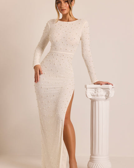 White Embellished Long Sleeve Backless Maxi Dress