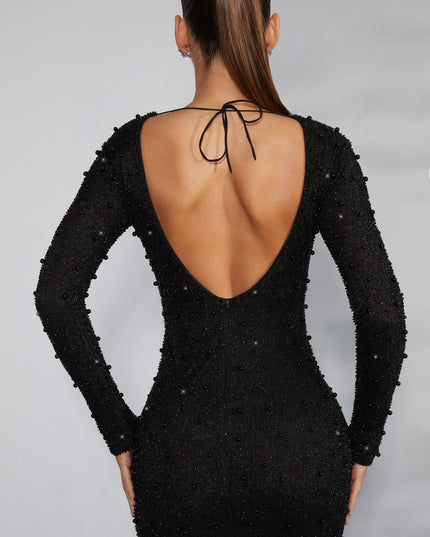 Black Long Sleeve Embellished Backless Maxi Dress