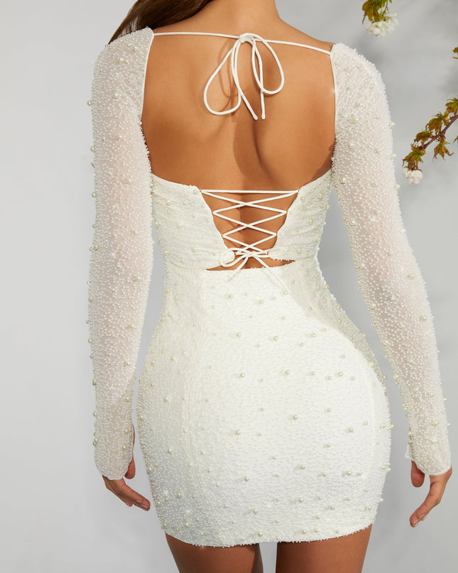 Ivory Long Sleeve Embellished Corset Mini Dress