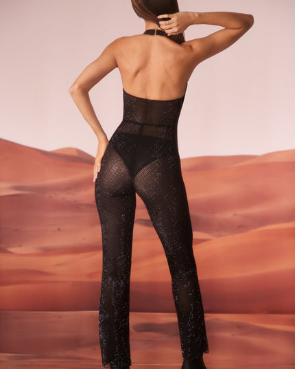 Black Embellished Plunge Neck Jumpsuit