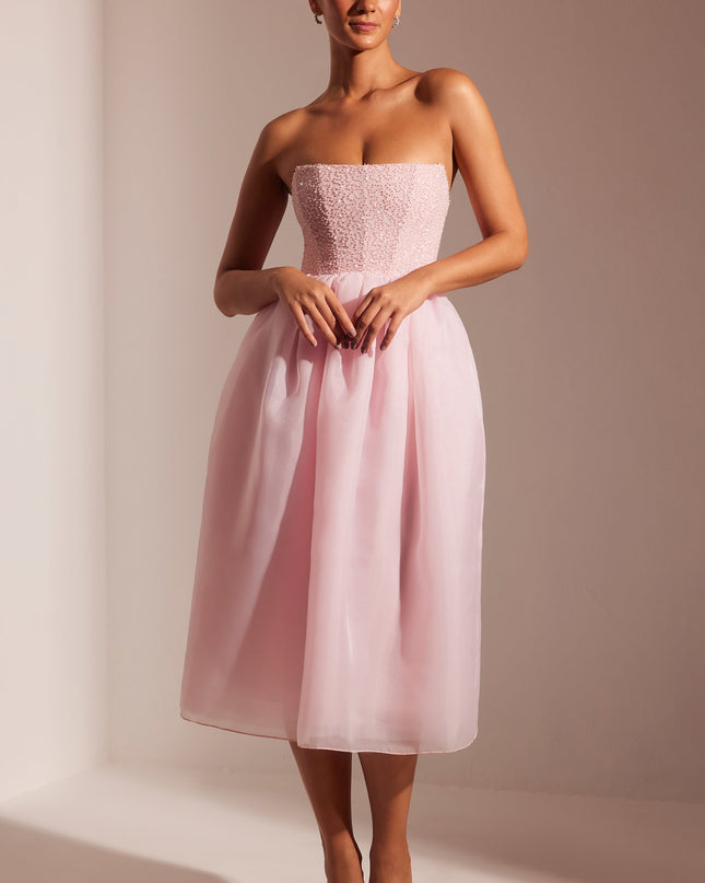 Blush Embellished Corset Tulle Skirt Midi Dress
