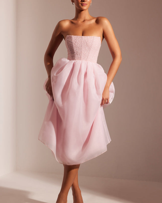 Blush Embellished Corset Tulle Skirt Midi Dress