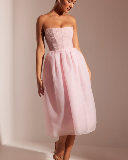 Blush Embellished Corset Tulle Skirt Midi Dress