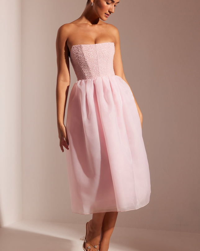 Blush Embellished Corset Tulle Skirt Midi Dress