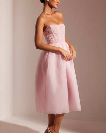 Blush Embellished Corset Tulle Skirt Midi Dress