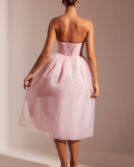 Blush Embellished Corset Tulle Skirt Midi Dress