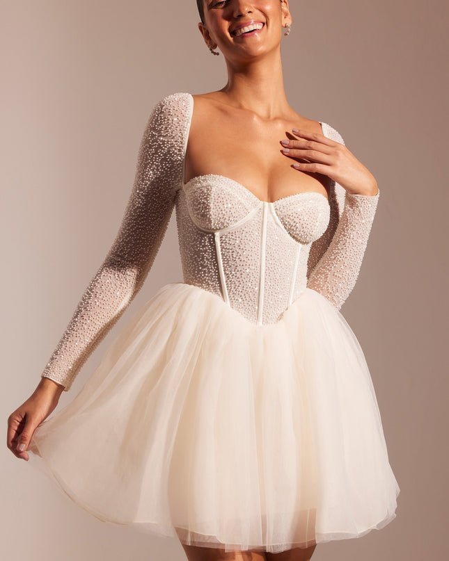 Ivory Embellished Long Sleeve Tulle Skirt Mini Dress