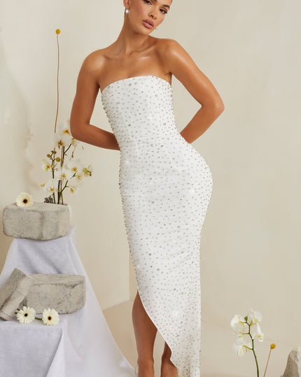 White Hand Embellished Asymmetric Midi Dress