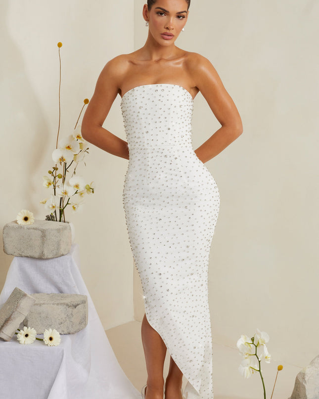 White Hand Embellished Asymmetric Midi Dress